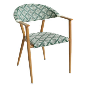 Commercial-grade bistro chair featuring hand-woven PE rattan and metal frame with wood-grain powder coating for high-traffic outdoor hospitality.