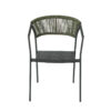 Damon minimalist stackable outdoor chair (Model DM-RT2152G) with a grey steel frame, hand-woven sage green PE rope backrest, and all-weather quick-dry Textilene seat.