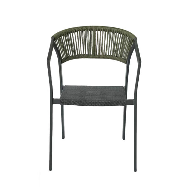 Damon minimalist stackable outdoor chair (Model DM-RT2152G) with a grey steel frame, hand-woven sage green PE rope backrest, and all-weather quick-dry Textilene seat.