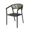 Damon modern stackable outdoor chair (Model DM-RT2152O) featuring a charcoal grey metal frame, hand-woven vibrant orange PE rope backrest, and a breathable black Textilene mesh seat.