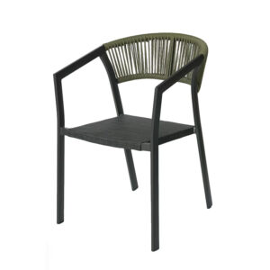 Damon modern stackable outdoor chair (Model DM-RT2152O) featuring a charcoal grey metal frame, hand-woven vibrant orange PE rope backrest, and a breathable black Textilene mesh seat.