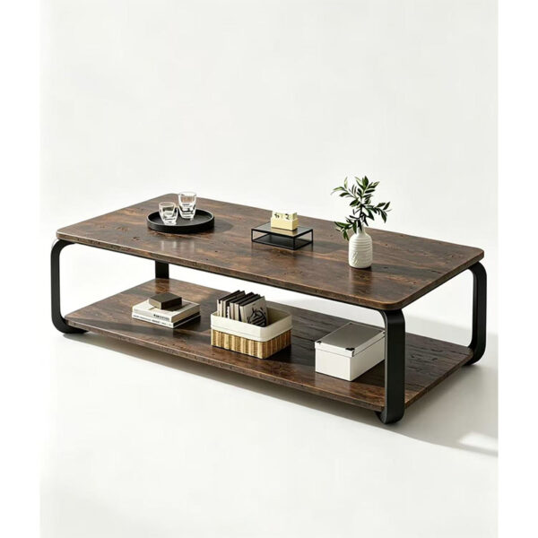 Dark walnut-effect rectangular 2 tier coffee table with black metal frame – DM-CTM2101
