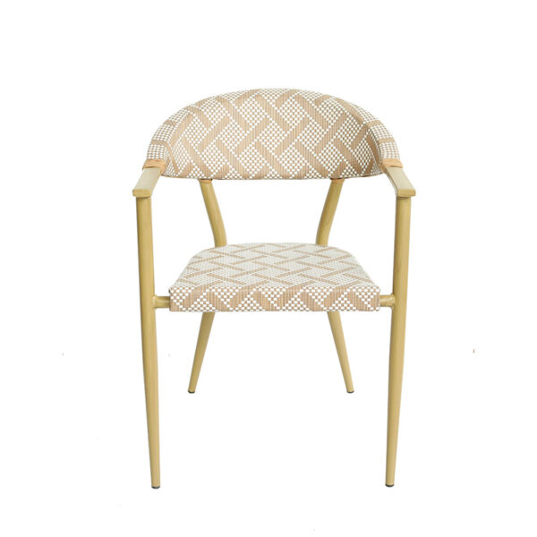 Factory-direct outdoor patio armchair featuring woven rattan, metal framework, and high-fidelity wood-grain finish for restaurant and cafe projects.