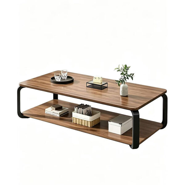 Light walnut-effect rectangular 2 tier coffee table with black metal frame – DM-CTM2101