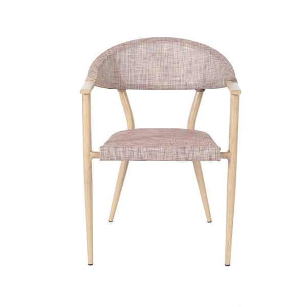 Modern Parisian cafe chair blending industrial metal construction, intricate rattan hand-weaving, and protective wood-grain thermal finish.