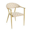Stackable outdoor cafe bistro chair with reinforced alloy structure, synthetic rattan weave, and durable wood-grain finish for efficient hospitality storage.