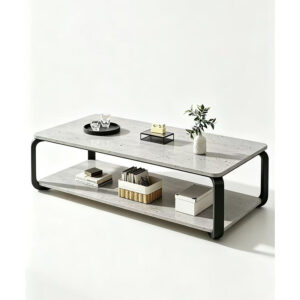 White marble-effect rectangular 2 tier coffee table with silver metal frame – DM-CTM2101