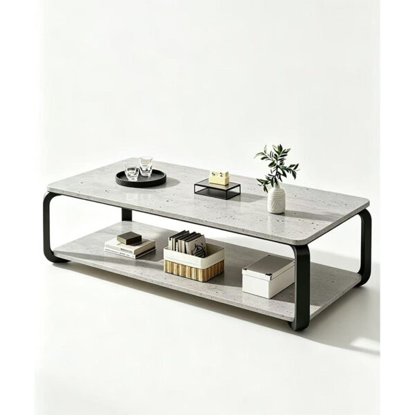 White marble-effect rectangular 2 tier coffee table with silver metal frame – DM-CTM2101