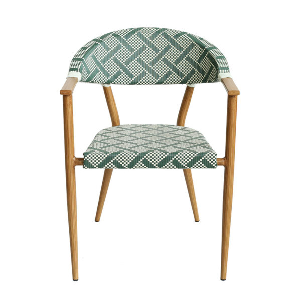 Wholesale metal cafe chair with weather-resistant rattan weave and premium thermal-transfer wood-finish for aesthetic commercial patio settings.