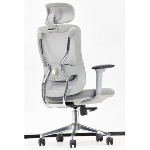 Chrome double-back support desk chair detailing the rigid polished steel skeleton of DM-OC216 for structural safety