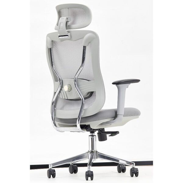 Chrome double-back support desk chair detailing the rigid polished steel skeleton of DM-OC216 for structural safety