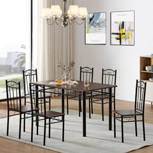 DM-DN1202-6 PVC dining room set with a walnut-look table and six black metal chairs DM-DN1202-6 PVC dining room set with a walnut-look table and six black metal chairs