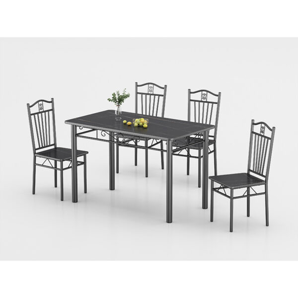 DM-DNM403 black and gold-veined dining table set with four matching metal chairs DM-DNM403 black and gold-veined dining table set with four matching metal chairs