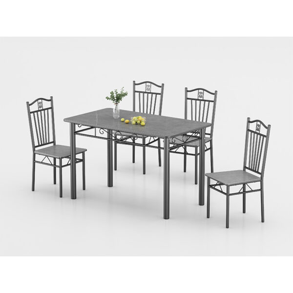 DM-DNM403 grey marble-look melamine dining table set with four matching chairs and decorative metal frames DM-DNM403 grey marble-look melamine dining table set with four matching chairs and decorative metal frames