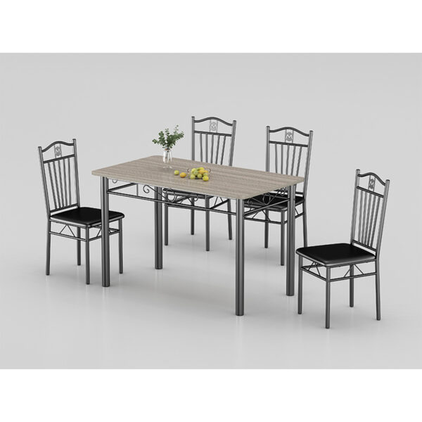 DM-DNM403 walnut-look dining table with four metal chairs and black padded seats DM-DNM403 walnut-look dining table with four metal chairs and black padded seats