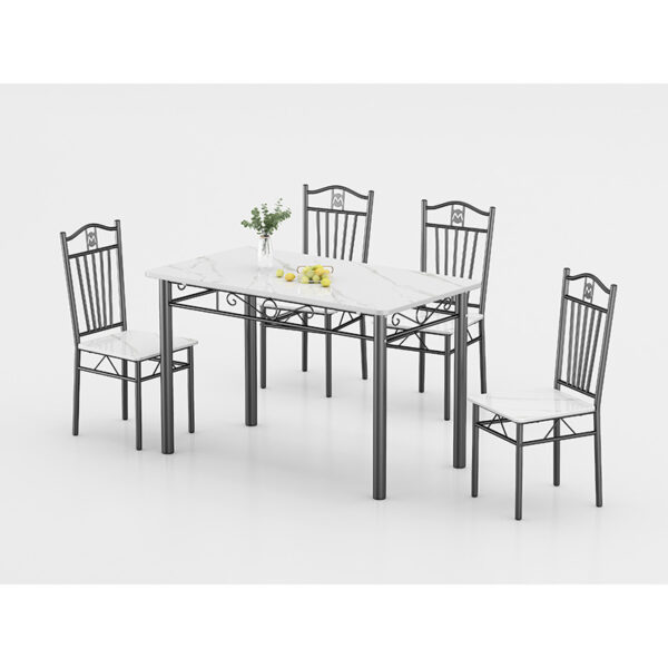 DM-DNM403 white marble-look dining table set with grey veining and four matching chairs DM-DNM403 white marble-look dining table set with grey veining and four matching chairs