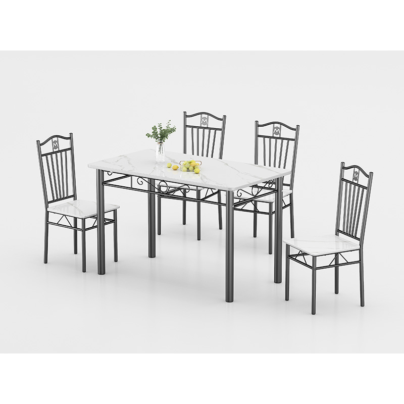 DM-DNM403 white marble-look dining table set with grey veining and four matching chairs