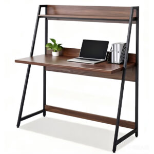 Ladder desk with shelves DM-SD8174-2 showing natural brown woodgrain top and black alloy steel frames Ladder desk with shelves DM-SD8174-2 showing natural brown woodgrain top and black alloy steel frames