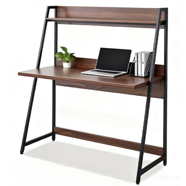 Ladder desk with shelves DM-SD8174-2 showing natural brown woodgrain top and black alloy steel frames