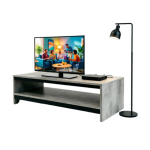 Open shelf media console table tracking high load capacity underneath widescreen display certified as a flat packed wooden tv unit for international volume distribution2