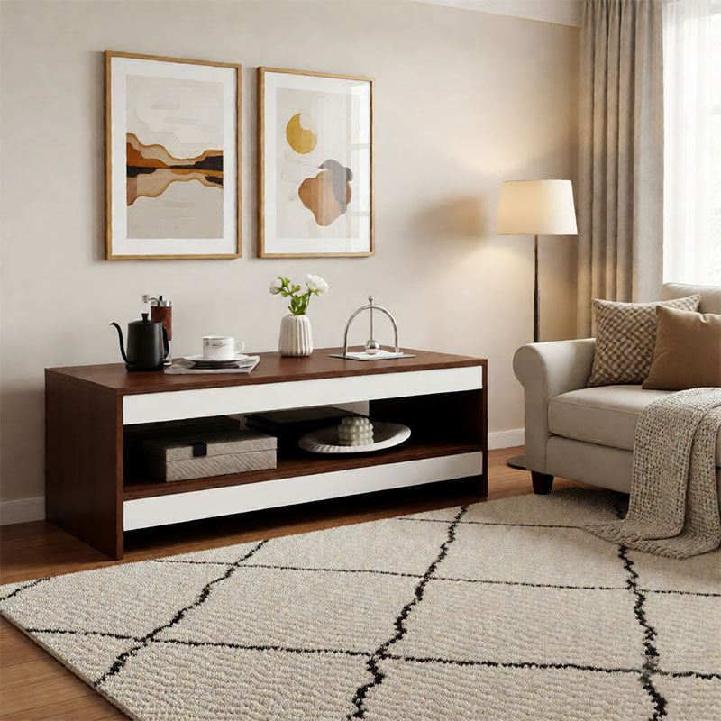 Two tone wooden tv stand bulk design showcased as a luxury living room credenza with compartments inside a contemporary apartment contract suite layout