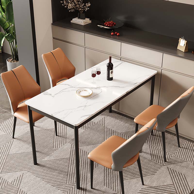 custom sintered stone furniture supplier China detailing a 4-chair layout white calacatta stone desktop with continuous mineral patterns