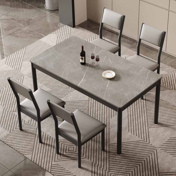 luxury sintered stone dining table factory detailing textured charcoal grey slate stone veneer top with two tone grey leatherette seating