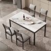 luxury sintered stone dining table factory exporting Calacatta ink vein marble pattern slab with matching grey upholstered chairs