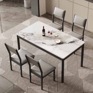 luxury sintered stone dining table factory exporting Calacatta ink vein marble pattern slab with matching grey upholstered chairs