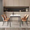luxury sintered stone dining table factory producing DM-ST28814 front view white veined stone top with 4 tan upholstered chairs