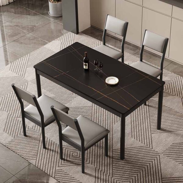 luxury sintered stone dining table factory producing matte black vitrified slab with gold quartz veins over 1.2mm carbon steel frames