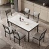 luxury sintered stone dining table factory wholesale exporting DM-ST28814D white slab with bronze gold cross lines and 6 grey leatherette chairs