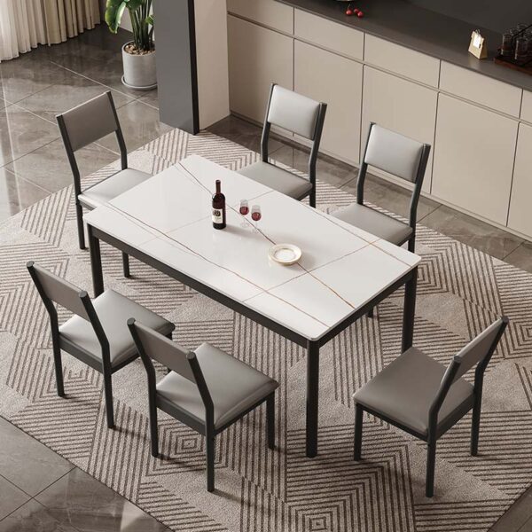 luxury sintered stone dining table factory wholesale exporting DM-ST28814D white slab with bronze gold cross lines and 6 grey leatherette chairs