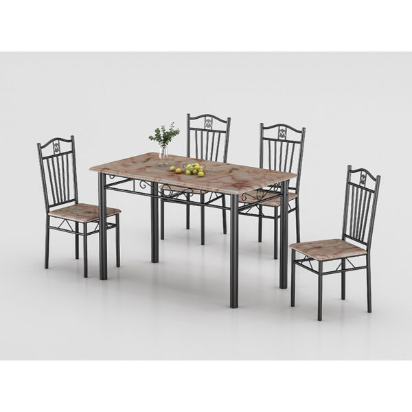 modern pvc dining table set wholesale displaying custom red marble pattern top with decorative black metal cross brace chairs