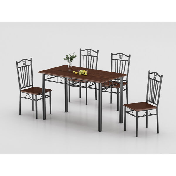 modern pvc dining table set wholesale factory supplying dark walnut wood grain top wrapped over carbon steel chassis