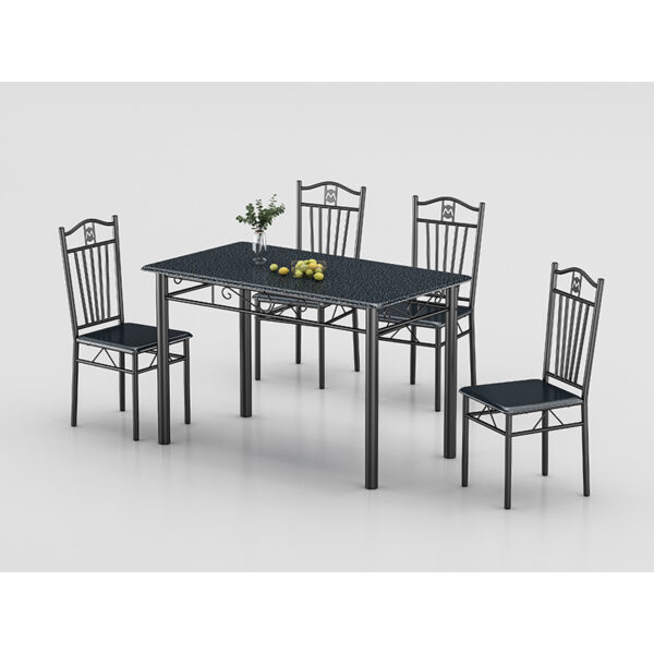 modern pvc dining table set wholesale in dark blue stone print top engineered with tapered black carbon steel legs