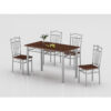 pvc dining table bulk buy layout featuring dark walnut textured thermoformed top paired alongside polished silver metal frame chairs
