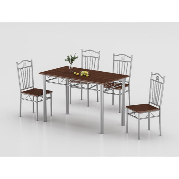 pvc dining table bulk buy layout featuring dark walnut textured thermoformed top paired alongside polished silver metal frame chairs