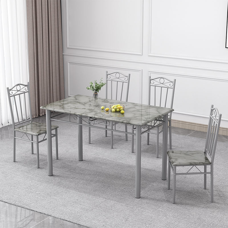pvc dining table manufacturer showcasing luxury white carrara marble print foil top bound by parallel silver iron tube bases