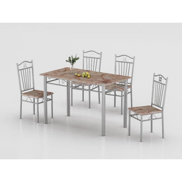 pvc wood wrap dining table bulk demonstrating custom red marble pattern laminate over 1+4 chrome silver seating architecture
