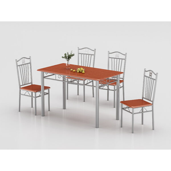 pvc wood wrap dining table bulk variant highlighting DM-DN1202 cherry timber grain vacuum wrap skin with silver plated tube legs