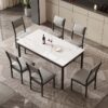 sintered stone dining set wholesale manufacturer demonstrating DM-ST28814B soft cloud veined white vitrified stone table with grey seating