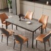 sintered stone dining set wholesale manufacturer presenting textured Armani grey slate stone top with 6 tan leatherette chairs