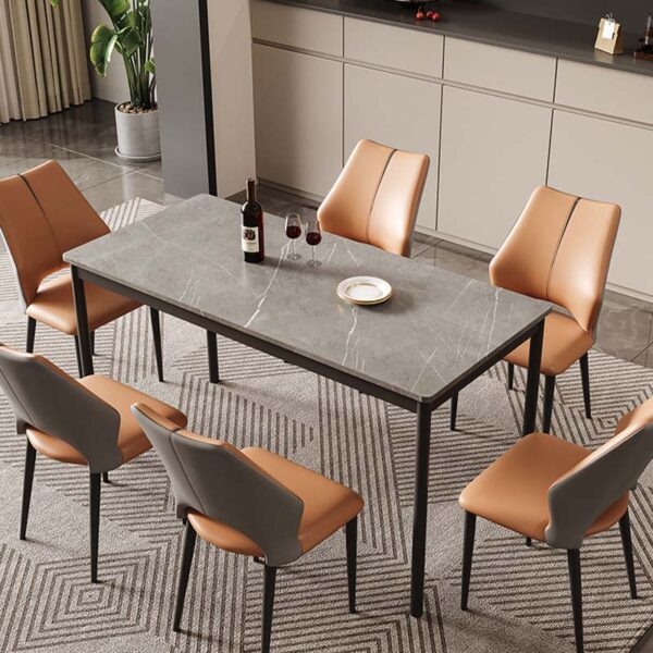 sintered stone dining set wholesale manufacturer presenting textured Armani grey slate stone top with 6 tan leatherette chairs