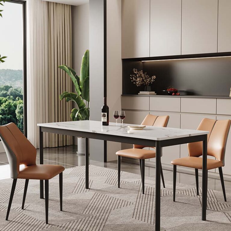 sintered stone dining set wholesale manufacturer showcasing 4-seater white marble porcelain top table with matte black metal legs