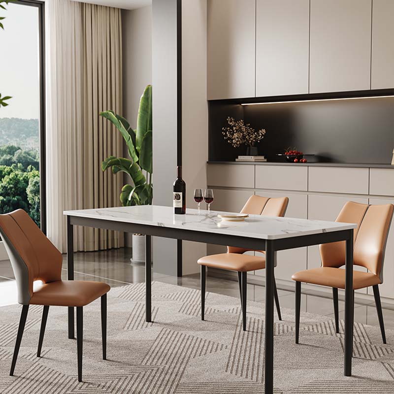 sintered stone dining set wholesale manufacturer showcasing 4-seater white marble porcelain top table with matte black metal legs