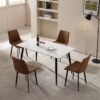 sintered stone dining set wholesale manufacturer showcasing Statuario white marble veins 12mm slab with dual tone luxury PU leather seats sintered stone dining set wholesale manufacturer showcasing Statuario white marble veins 12mm slab with dual tone luxury PU leather seats