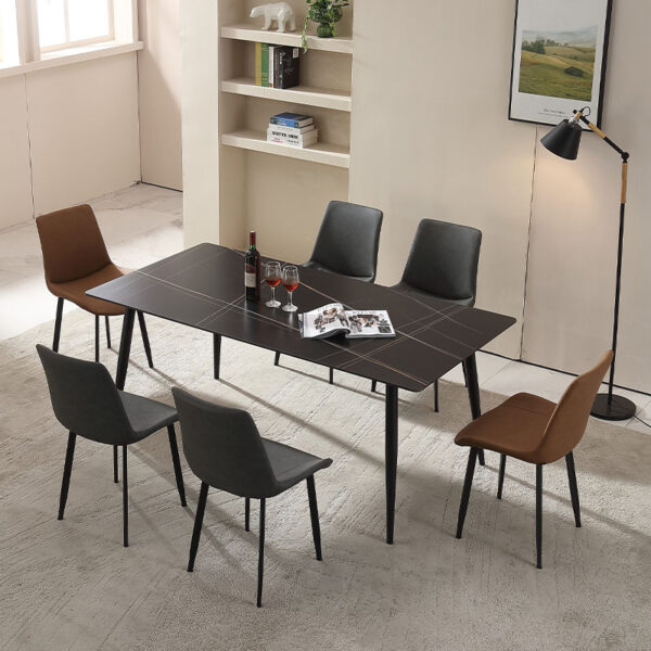 sintered stone dining set wholesale manufacturer supplying DM-ST713 modern charcoal black gold lined stone top with amber brown upholstered chair sintered stone dining set wholesale manufacturer supplying DM-ST713 modern charcoal black gold lined stone top with amber brown upholstered chair