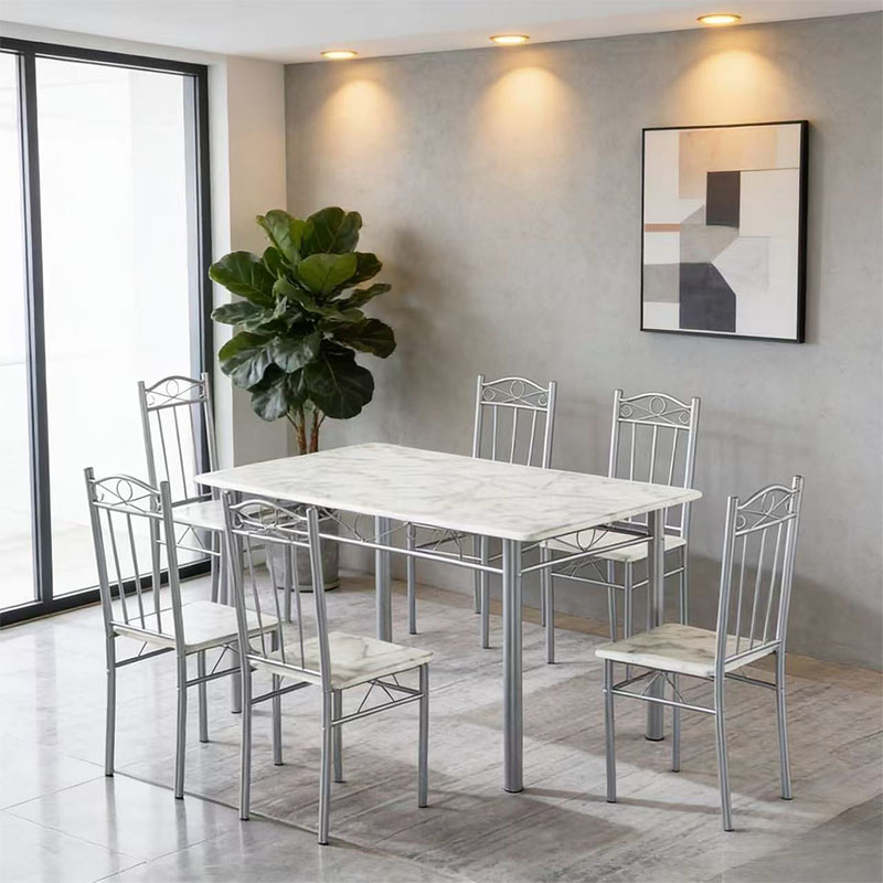 wholesale rectangular pvc dining table and chairs in elegant white marble veneer engineered with European style heart accent framework wholesale rectangular pvc dining table and chairs in elegant white marble veneer engineered with European style heart accent framework