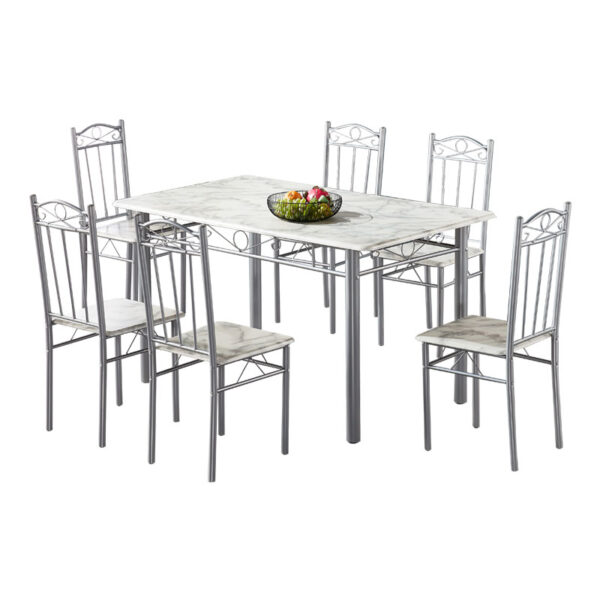 wholesale rectangular pvc dining table and chairs showcasing modern carrara white marble pattern wrap top with chrome silver metal legs wholesale rectangular pvc dining table and chairs showcasing modern carrara white marble pattern wrap top with chrome silver metal legs